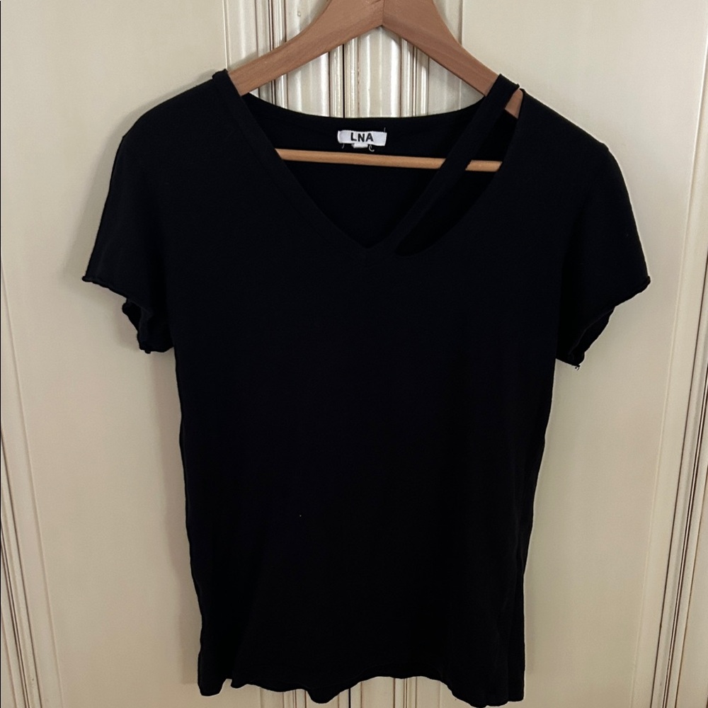 LNA Black V-Neck Tee with Cutout Strap Detail